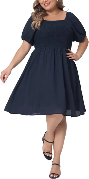 Agnes Orinda Plus Size Dress for Women Smocked Square Neck Short Sleeve Stretchy Midi Dress