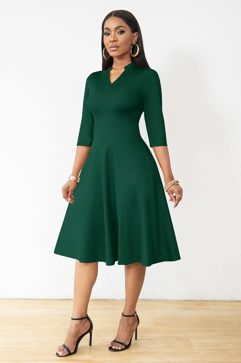 AOMONI Church Dresses for Women 3/4 Sleeve Fit and Flare Church Dress Knee Length Midi Dresses