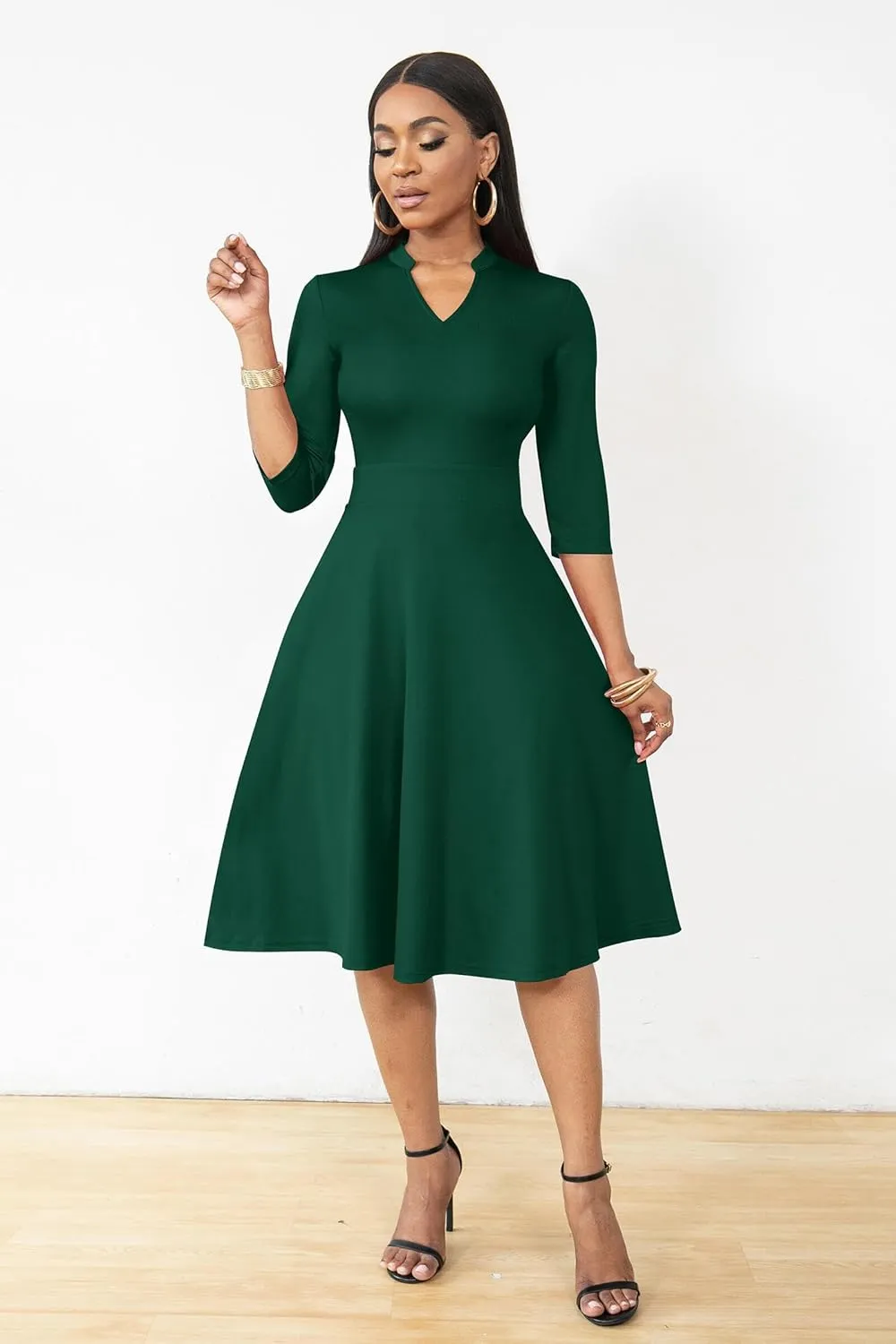 AOMONI Church Dresses for Women 3/4 Sleeve Fit and Flare Church Dress Knee Length Midi Dresses