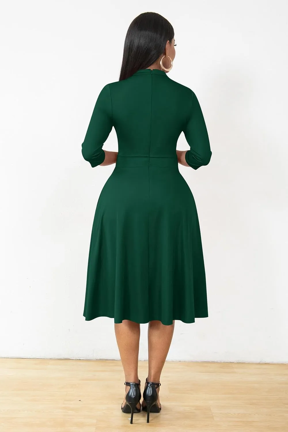 AOMONI Church Dresses for Women 3/4 Sleeve Fit and Flare Church Dress Knee Length Midi Dresses