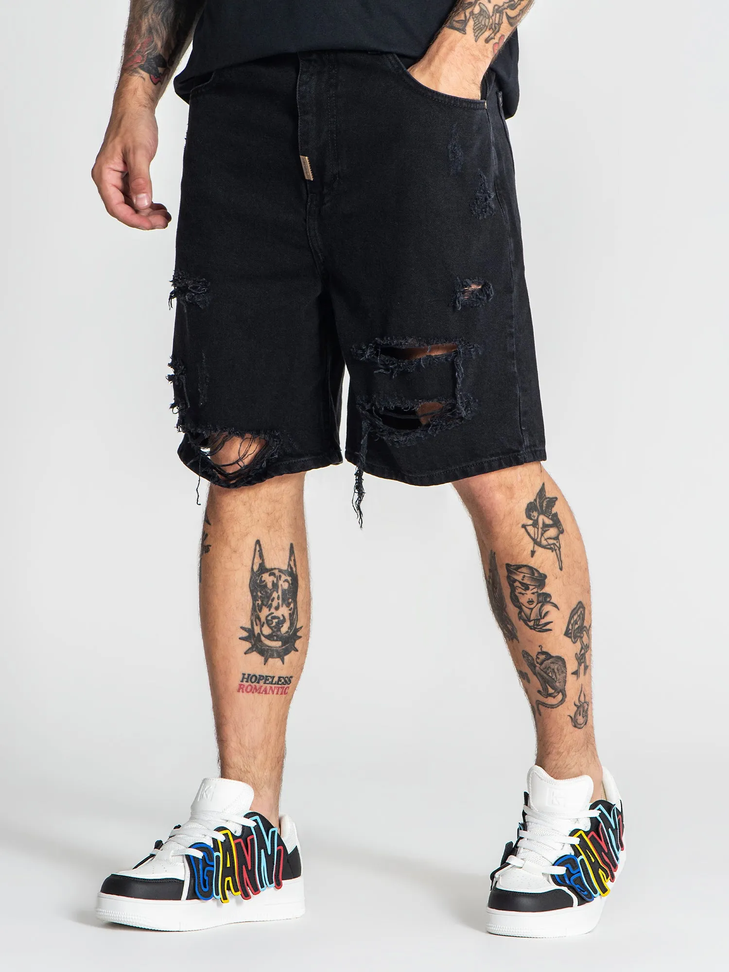 Black Damage Ripped Shorts