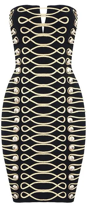 Button-Embellished Embroidered Strapless Mini Dress