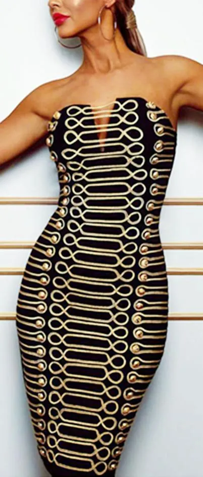 Button-Embellished Embroidered Strapless Mini Dress