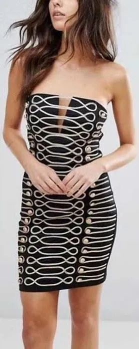 Button-Embellished Embroidered Strapless Mini Dress
