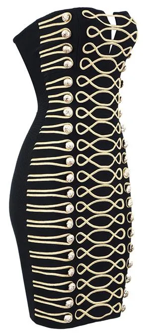 Button-Embellished Embroidered Strapless Mini Dress