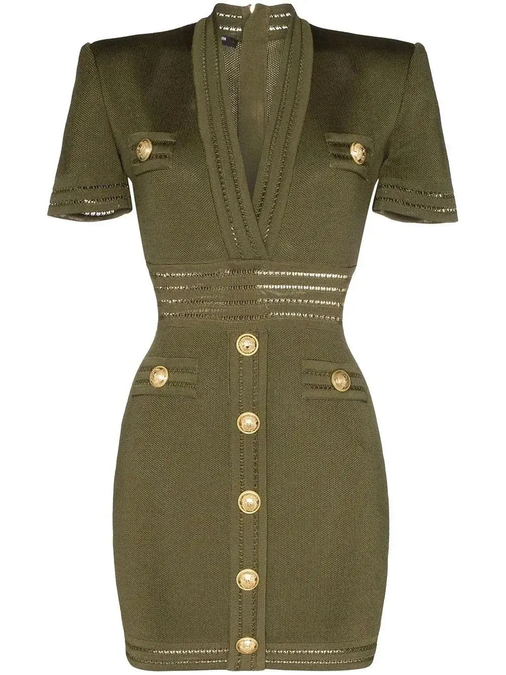 Button-Embellished V-Neck Mini Dress, Green