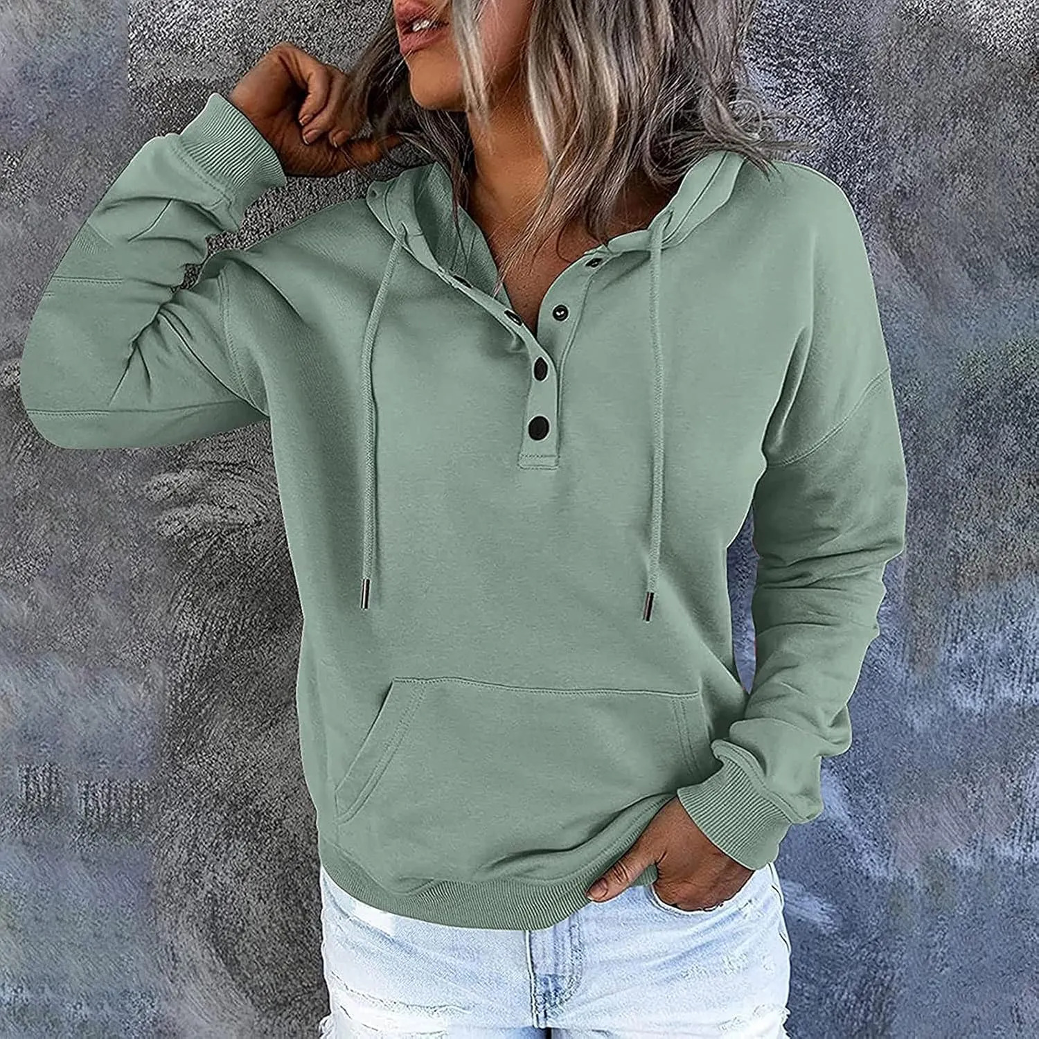 Ceboyel Women Cute Hoodies 2023 Button Collar Pullover Tops Drawstring Long Sleeve Sweatshirts Trendy Teen Girls Clothing