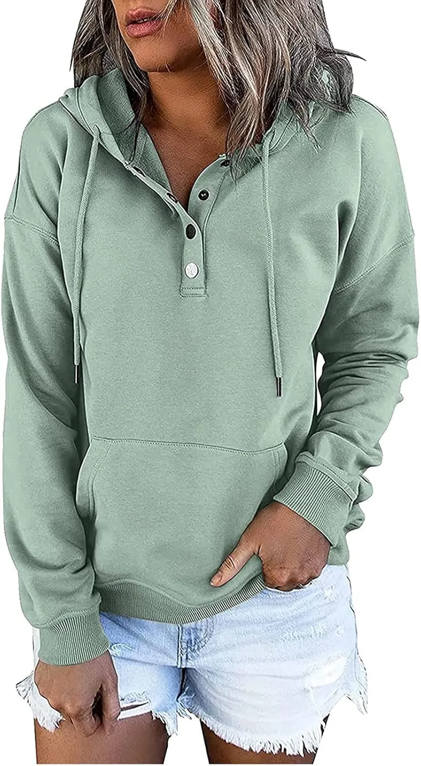 Ceboyel Women Cute Hoodies 2023 Button Collar Pullover Tops Drawstring Long Sleeve Sweatshirts Trendy Teen Girls Clothing