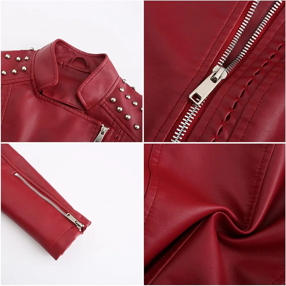 chouyatou Women's Casual Light Studded Shoulder Moto Biker Faux Leather Jacket