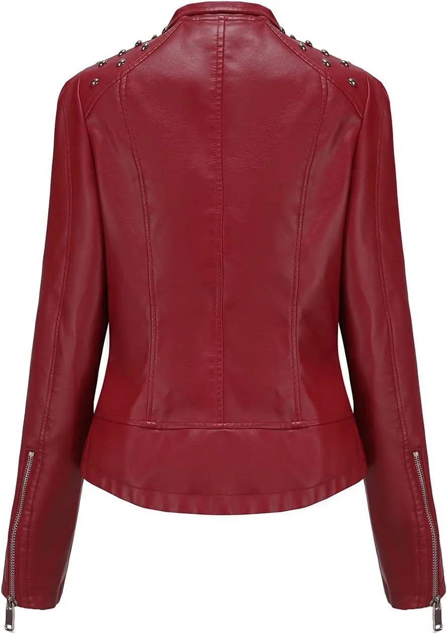 chouyatou Women's Casual Light Studded Shoulder Moto Biker Faux Leather Jacket