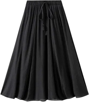 Cotton Linen Skirts for Women Stretchy High Waisted A Line Skirts Vintage Solid Color Drawstring Swing Midi Skirt