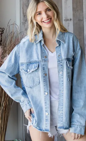Distressed denim shacket