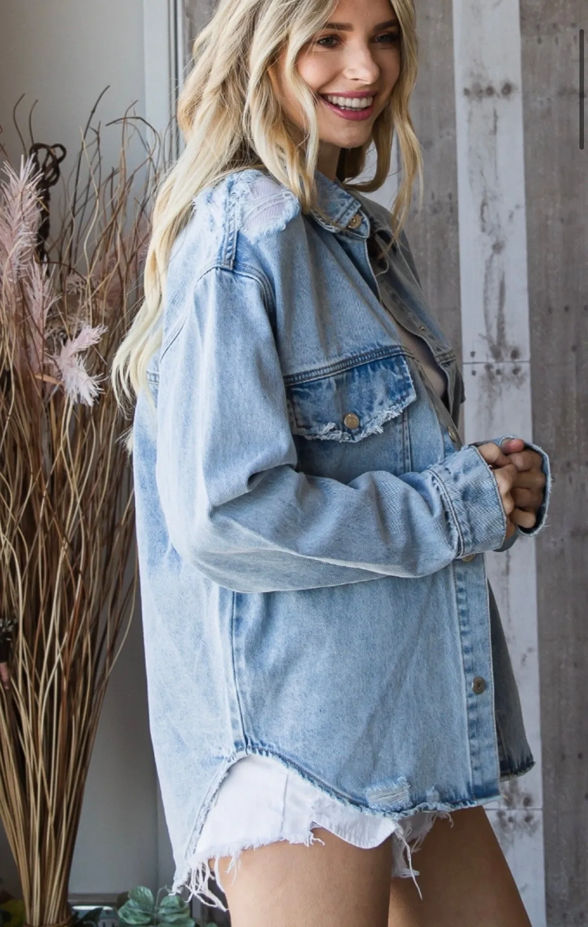 Distressed denim shacket