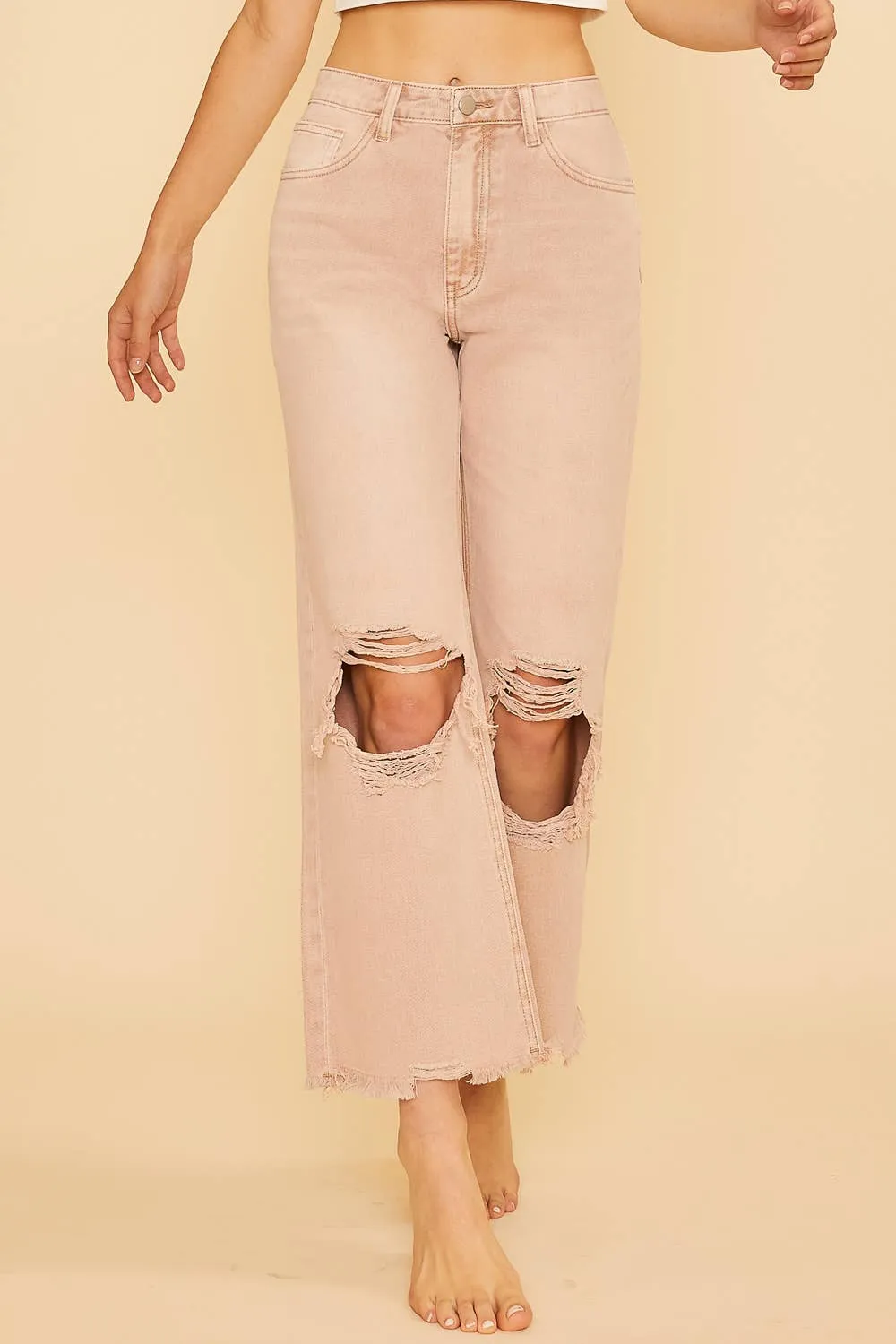 DISTRESSED LIGHT WEIGHT DENIM STRAIGHT JEAN _ AP0033: L / OLIVE