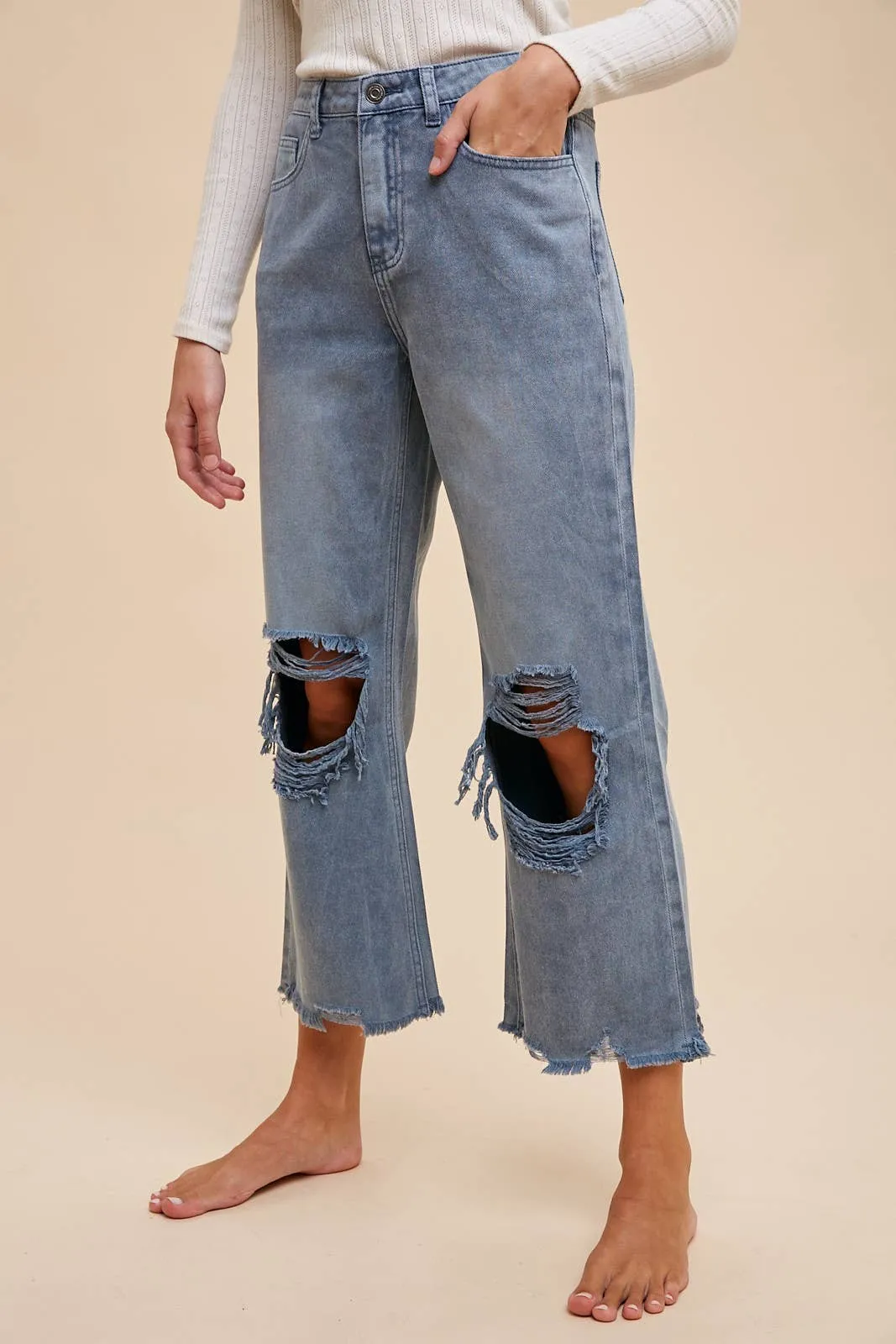 DISTRESSED LIGHT WEIGHT DENIM STRAIGHT JEAN _ AP0033: L / OLIVE