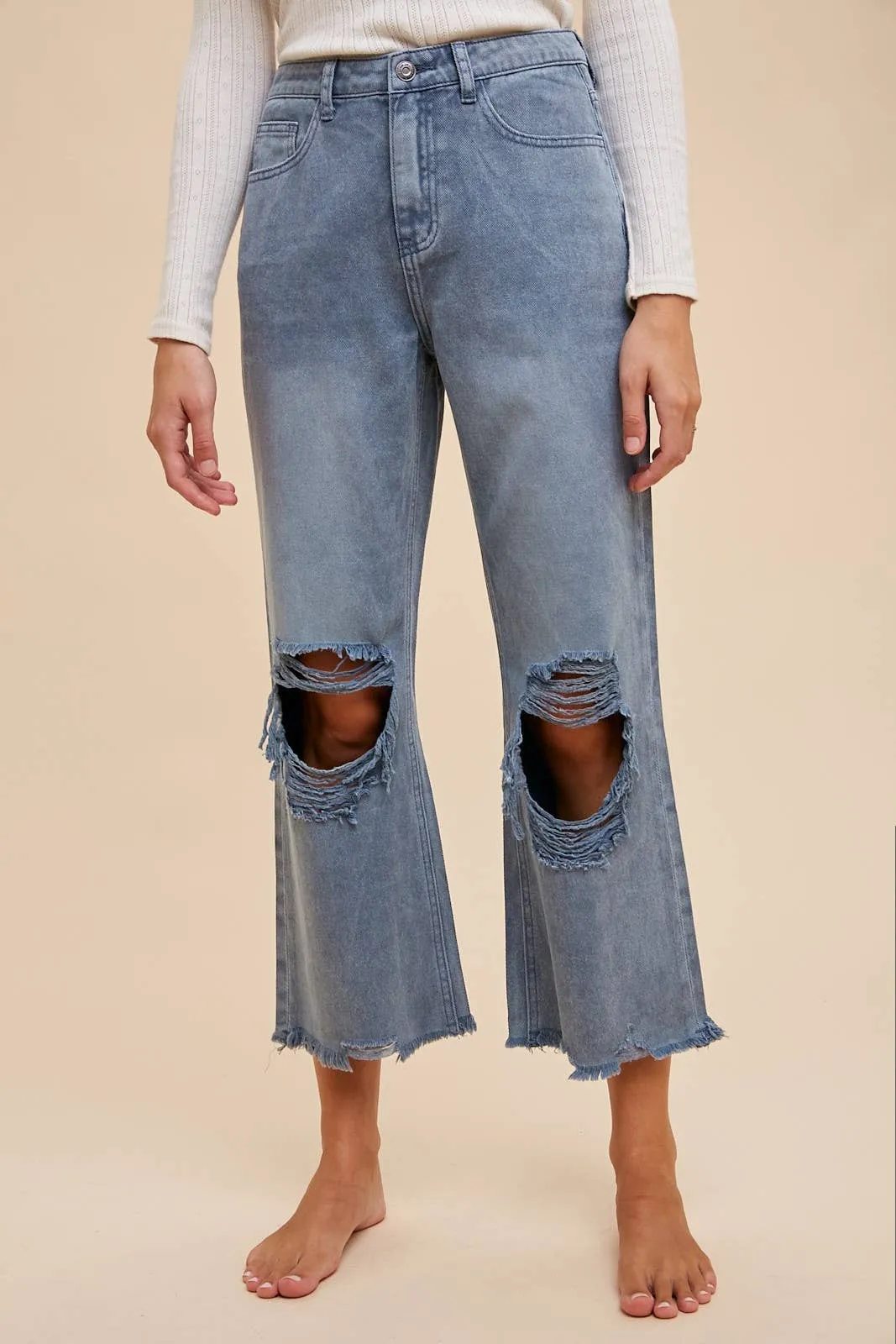 DISTRESSED LIGHT WEIGHT DENIM STRAIGHT JEAN _ AP0033: M / OLIVE