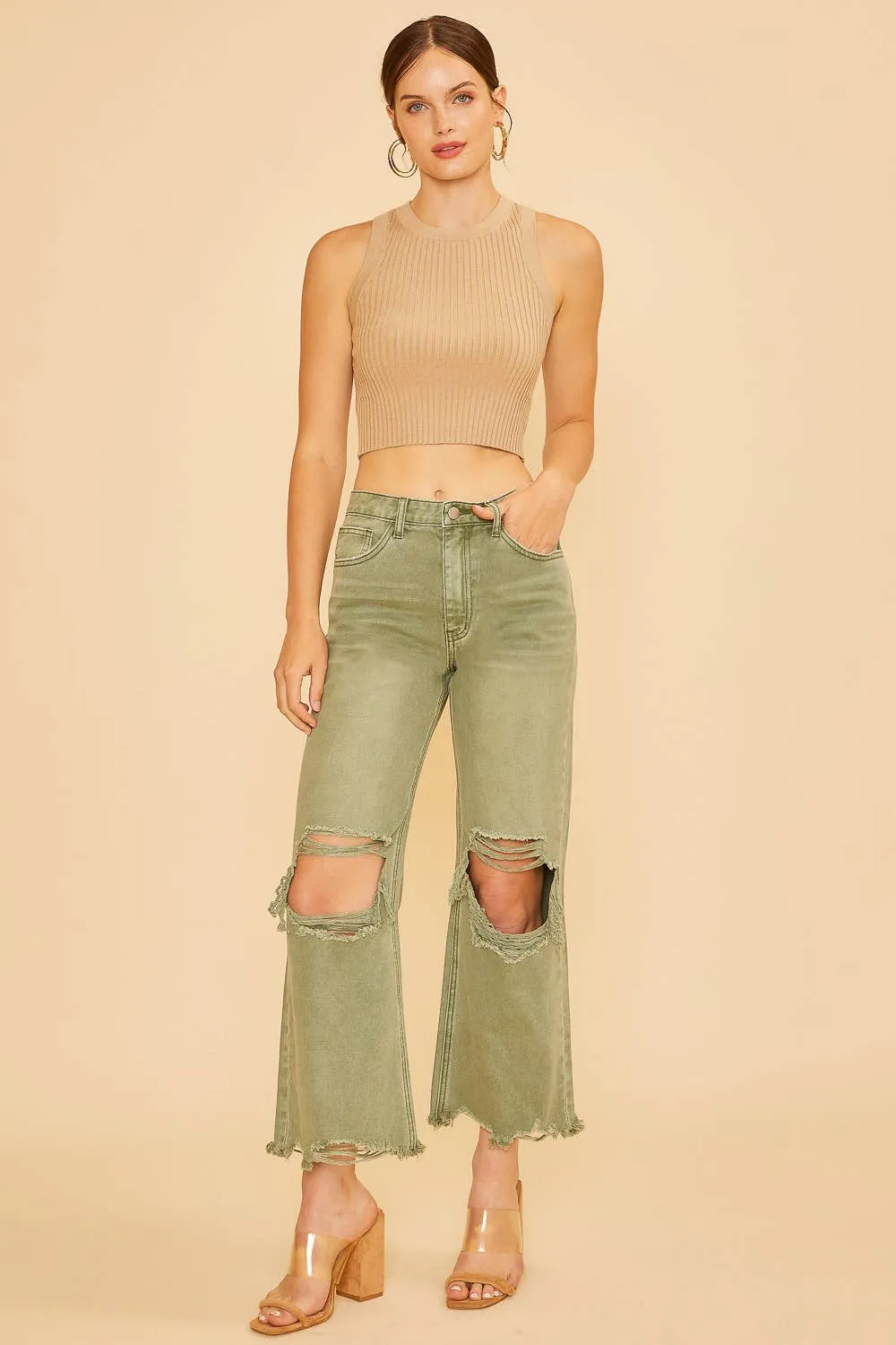 DISTRESSED LIGHT WEIGHT DENIM STRAIGHT JEAN _ AP0033: M / OLIVE