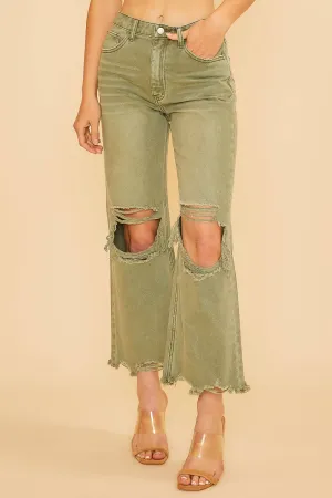 DISTRESSED LIGHT WEIGHT DENIM STRAIGHT JEAN _ AP0033: M / OLIVE