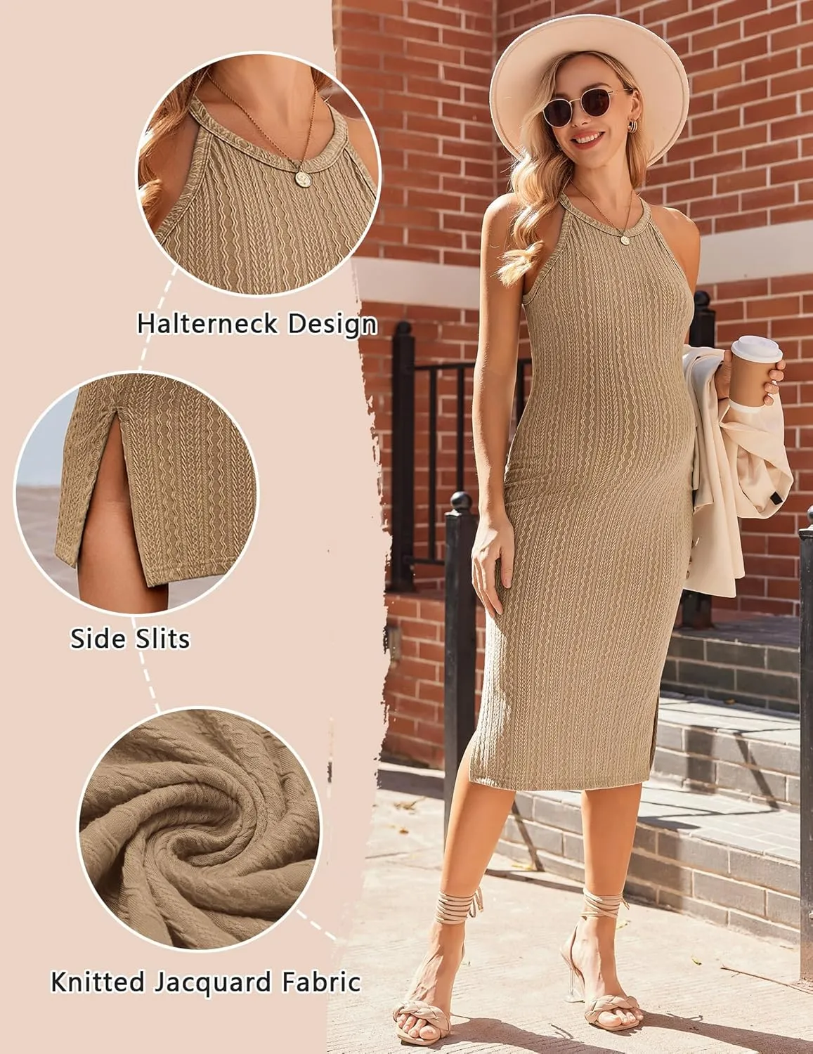 Ekouaer Maternity Dress Rib Knit Side Slit Stretchy Bodycon Pregnancy Dresses Halter Neck Sleeveless Pregnant Clothes