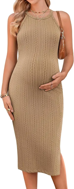 Ekouaer Maternity Dress Rib Knit Side Slit Stretchy Bodycon Pregnancy Dresses Halter Neck Sleeveless Pregnant Clothes