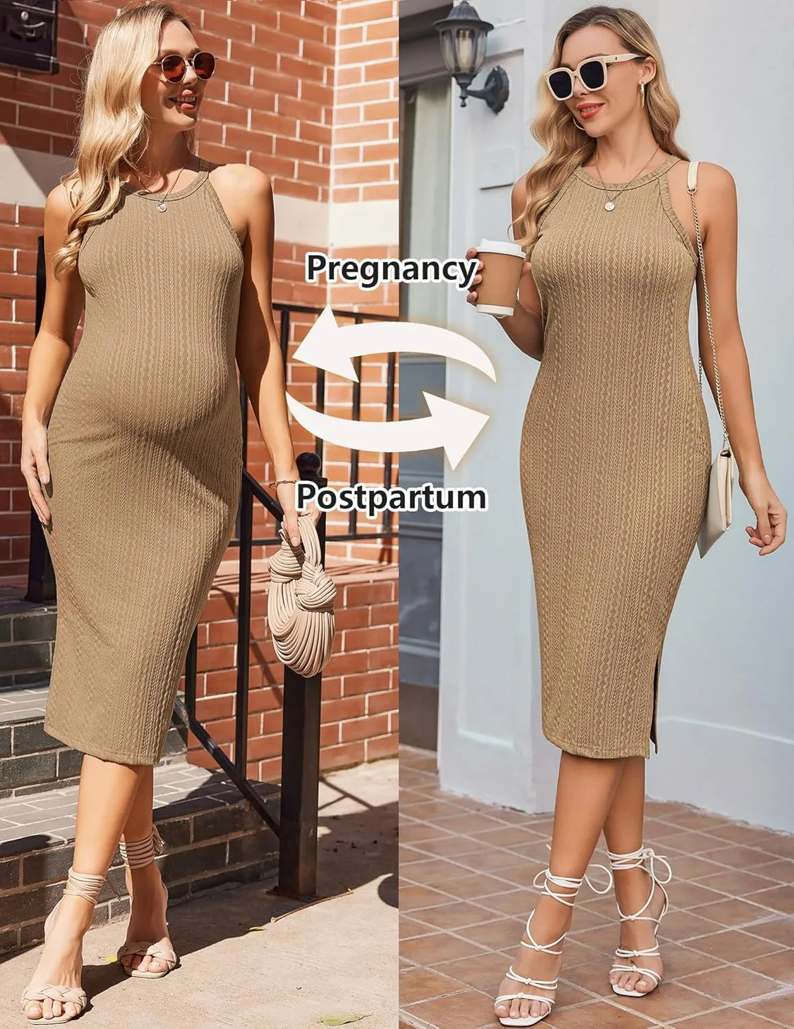 Ekouaer Maternity Dress Rib Knit Side Slit Stretchy Bodycon Pregnancy Dresses Halter Neck Sleeveless Pregnant Clothes