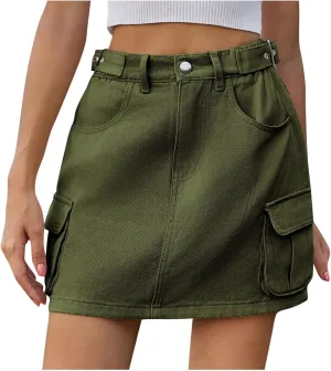 High Stretchy Cargo Skirt for Women, Button High Waist Y2k Mini Skirt Cute Denim Skirt with Pockets Streetwear