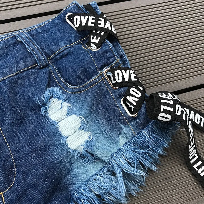 Love Low Waist Bandage Denim Ripped Hole Short Jeans