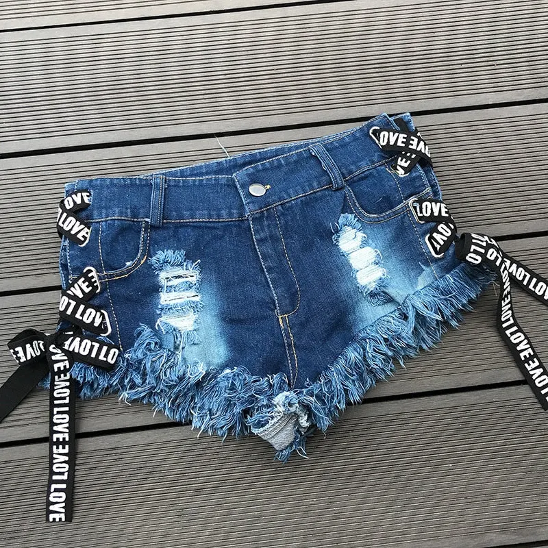 Love Low Waist Bandage Denim Ripped Hole Short Jeans