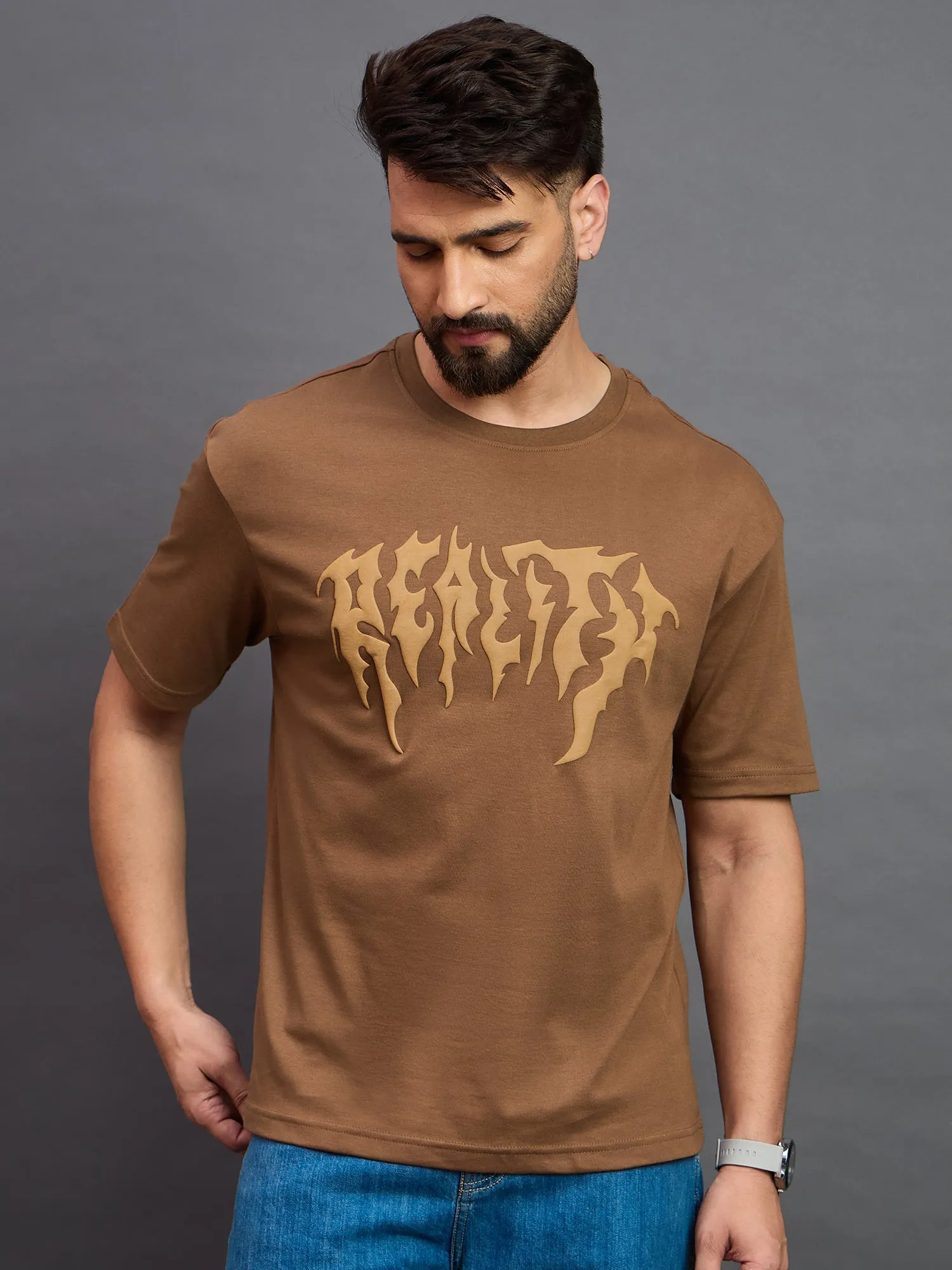 Men Oversized Round Neck Drop Shoulder T-shirt Light Brown