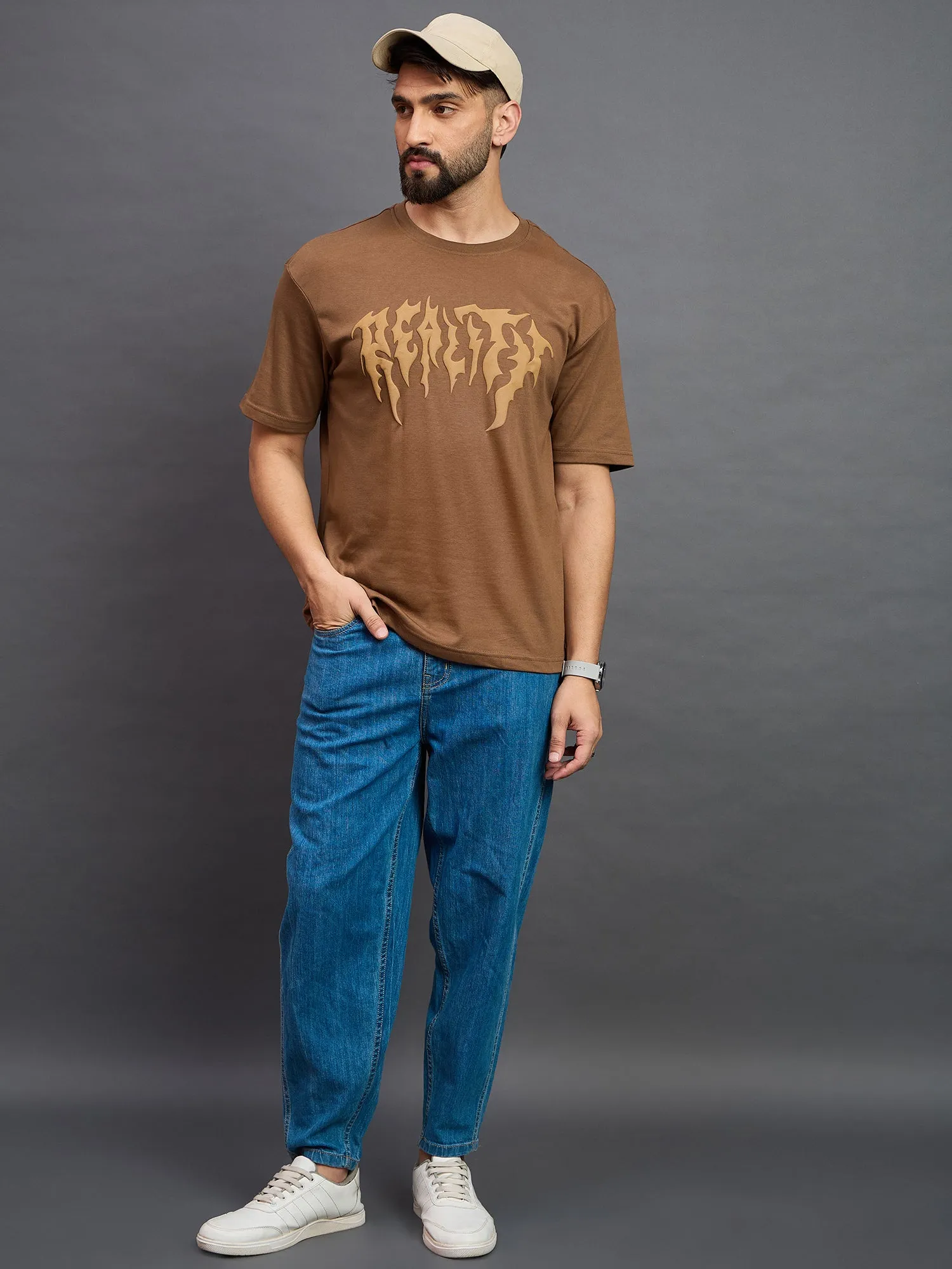Men Oversized Round Neck Drop Shoulder T-shirt Light Brown