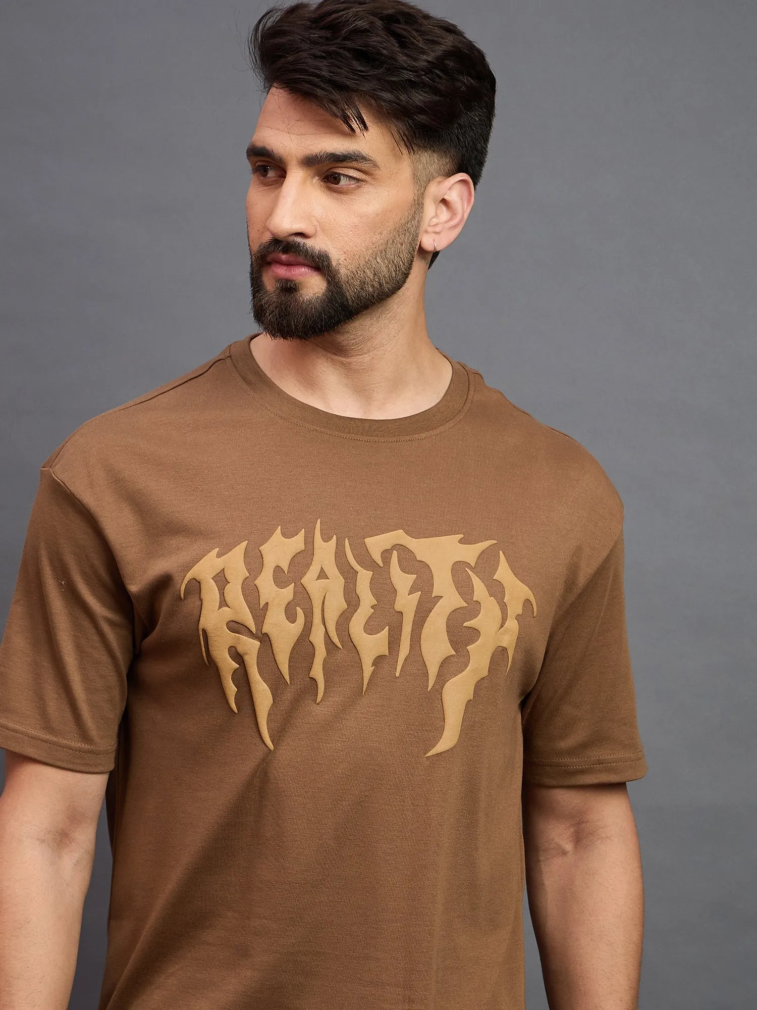 Men Oversized Round Neck Drop Shoulder T-shirt Light Brown