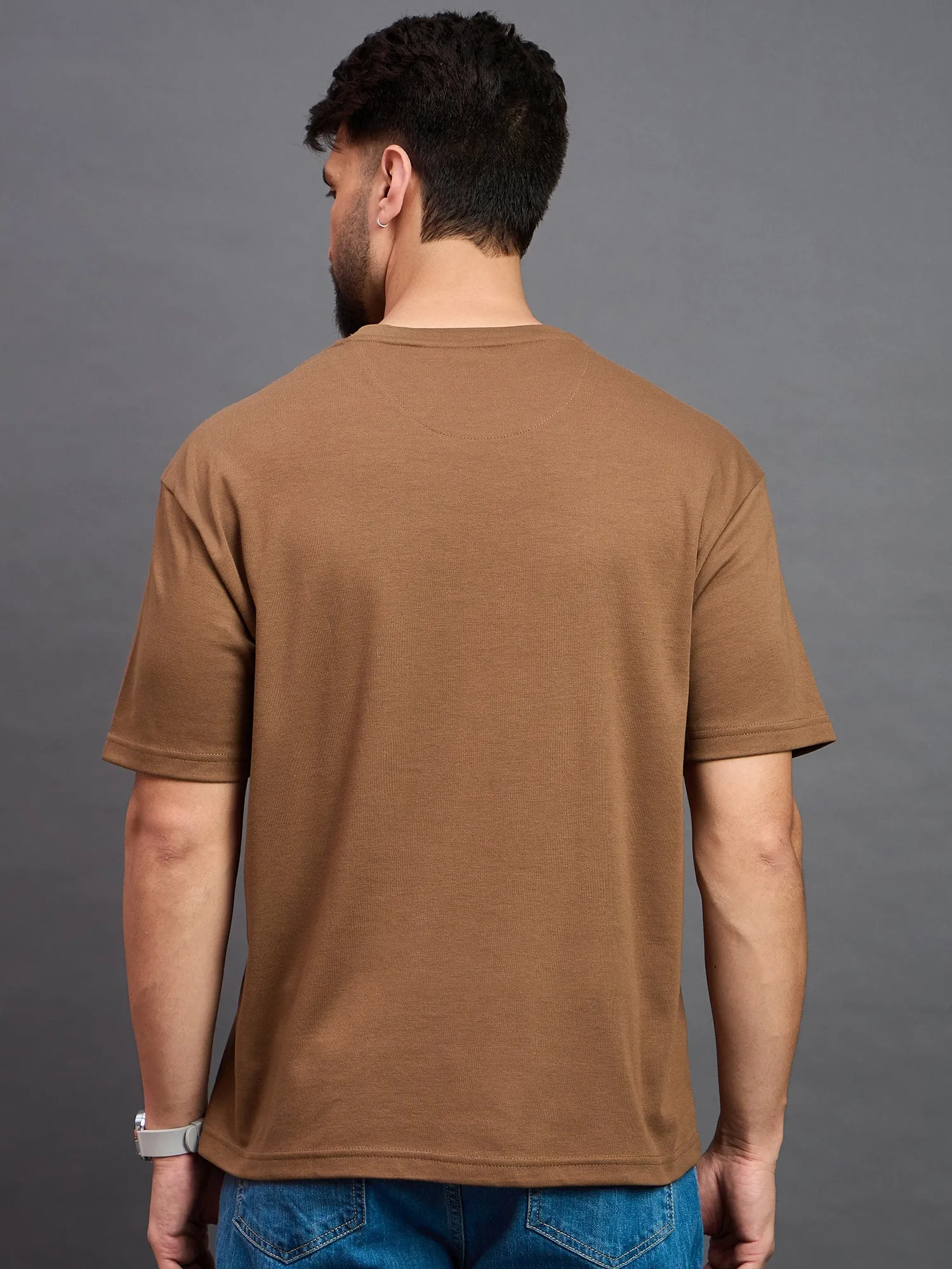 Men Oversized Round Neck Drop Shoulder T-shirt Light Brown