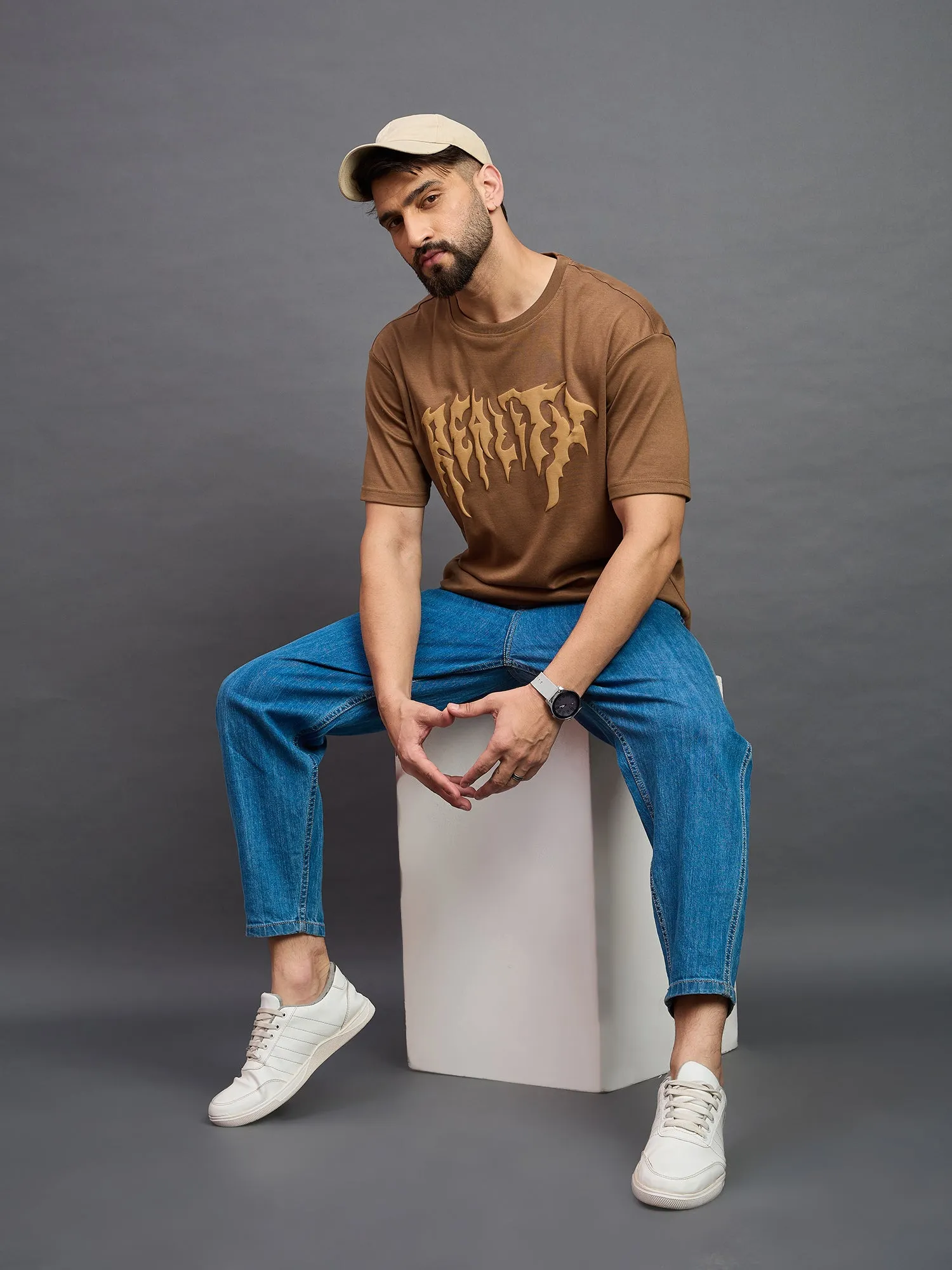 Men Oversized Round Neck Drop Shoulder T-shirt Light Brown