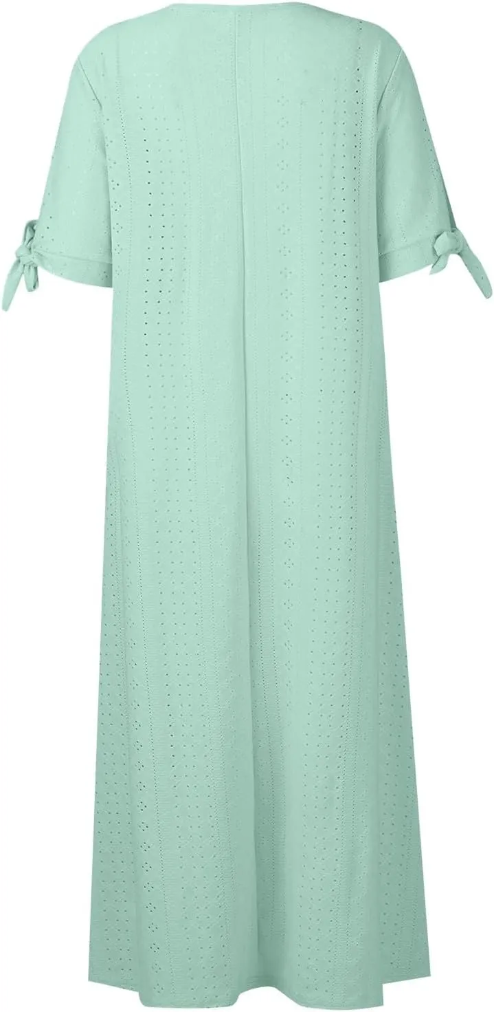 midelxp Summer Long Dresses for Women 2025 Trendy Stretchy Hollow Out Short Sleeve Tshirt Dress Casual Beach Vacation Dress