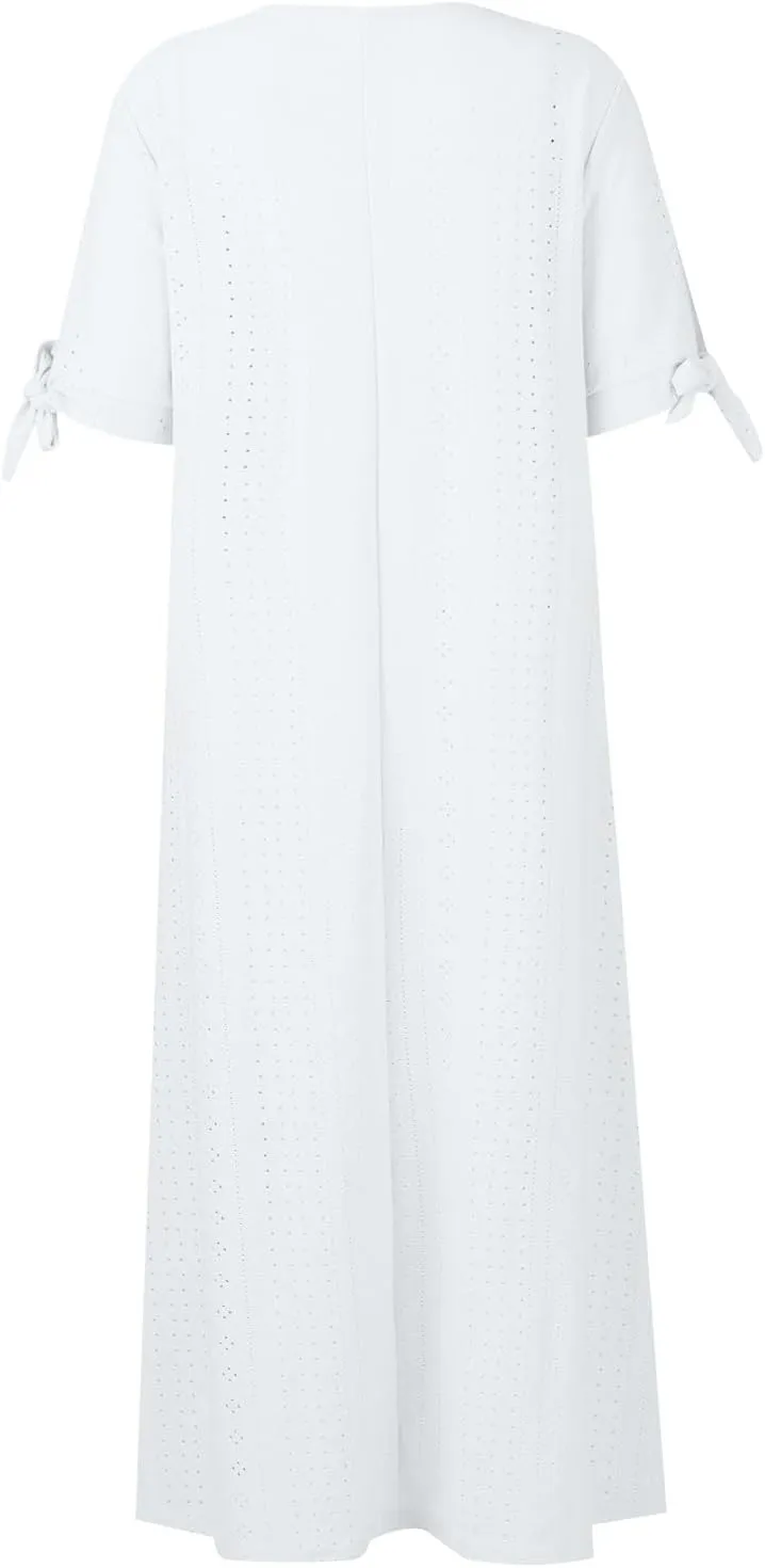 midelxp Summer Long Dresses for Women 2025 Trendy Stretchy Hollow Out Short Sleeve Tshirt Dress Casual Beach Vacation Dress
