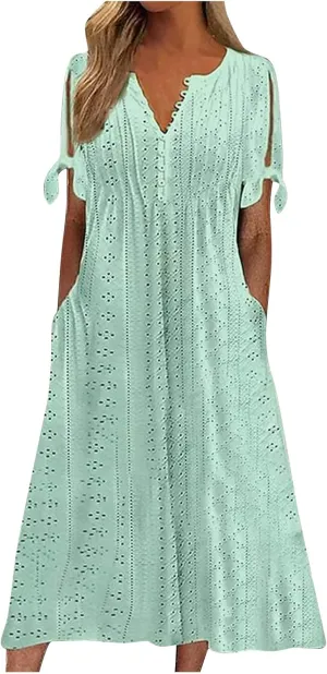 midelxp Summer Long Dresses for Women 2025 Trendy Stretchy Hollow Out Short Sleeve Tshirt Dress Casual Beach Vacation Dress