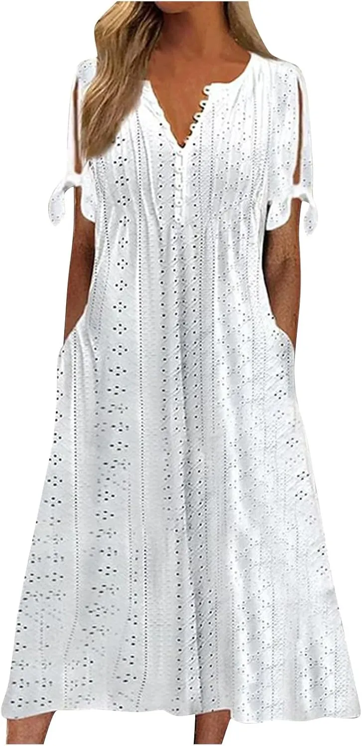 midelxp Summer Long Dresses for Women 2025 Trendy Stretchy Hollow Out Short Sleeve Tshirt Dress Casual Beach Vacation Dress