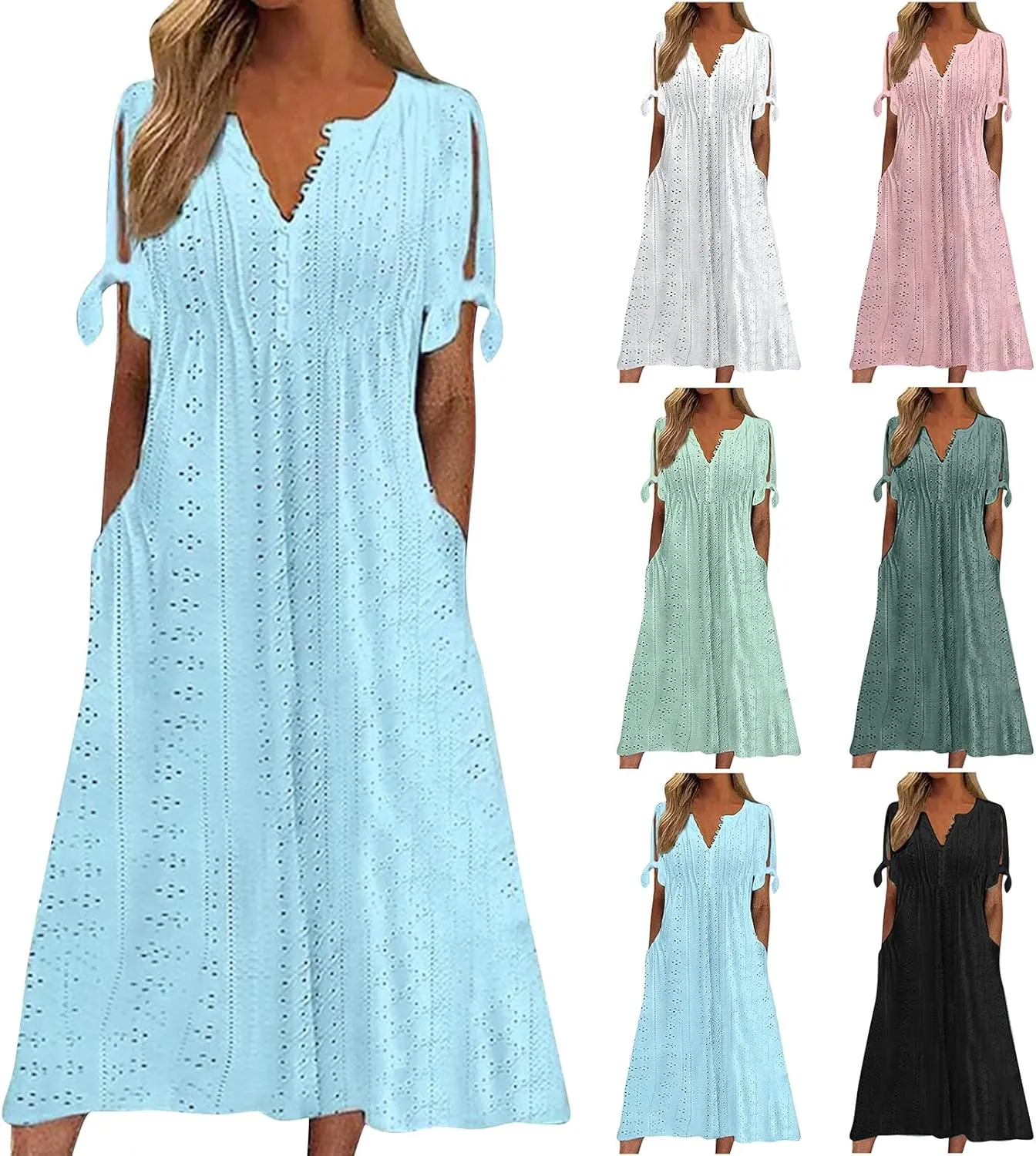 midelxp Summer Long Dresses for Women 2025 Trendy Stretchy Hollow Out Short Sleeve Tshirt Dress Casual Beach Vacation Dress