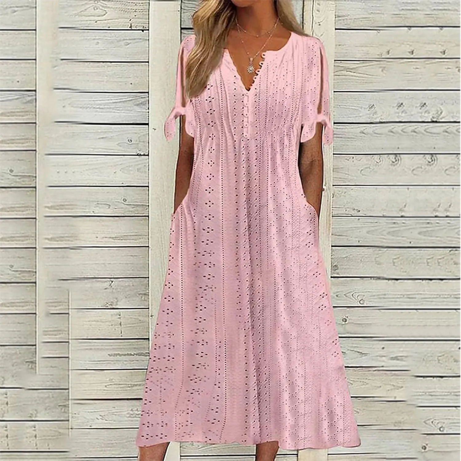 midelxp Summer Long Dresses for Women 2025 Trendy Stretchy Hollow Out Short Sleeve Tshirt Dress Casual Beach Vacation Dress