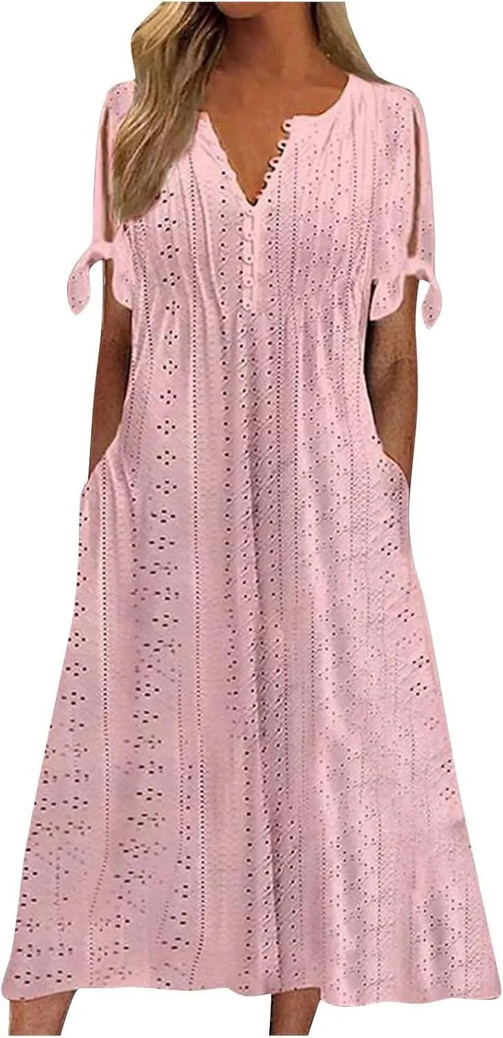 midelxp Summer Long Dresses for Women 2025 Trendy Stretchy Hollow Out Short Sleeve Tshirt Dress Casual Beach Vacation Dress