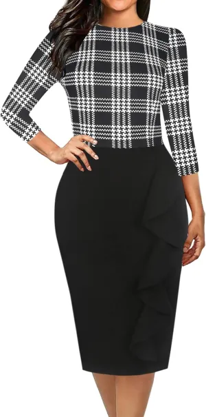 oxiuly Women's Vintage Polka Dot Floral Patchwork Stretchy Work Casual Bodycon Sheath Pencil Dress OX055