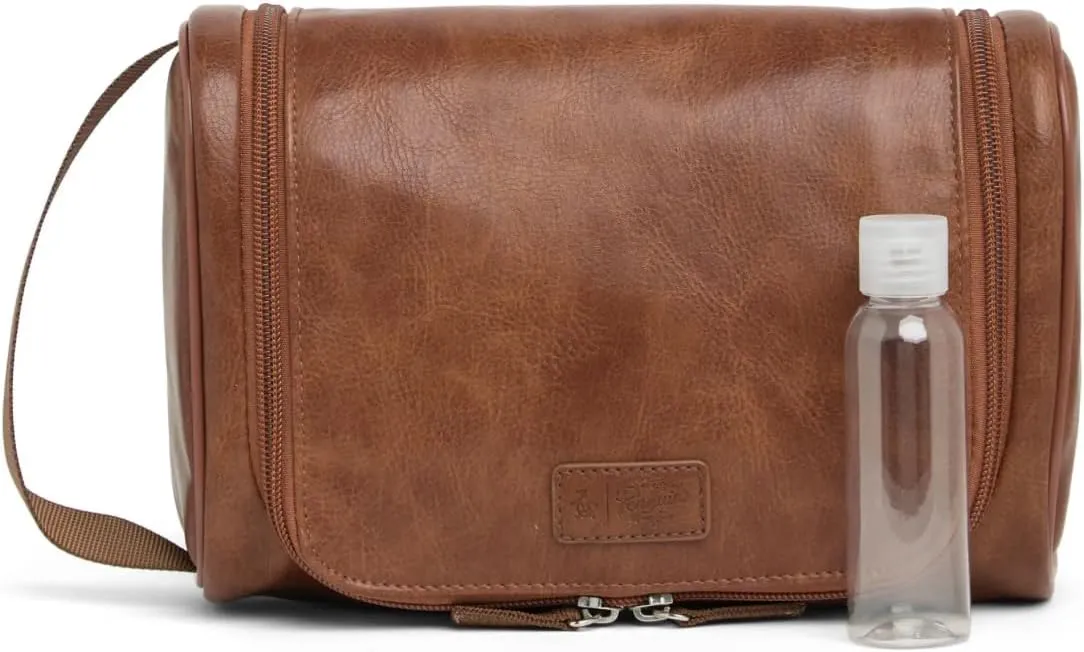 Penguin Men's Light Brown Leather Hanging Travel Toiletry Kit Bag