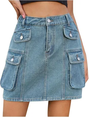 Skorts Skirts for Women Denim Mini Skirt Multiple Pockets Cargo Jean Skirt with High Waisted Jean Shorts Stretchy