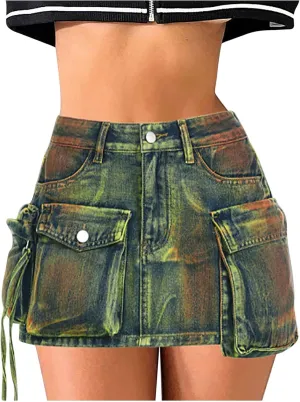 Skorts Skirts for Women Denim Mini Skirt Multiple Pockets Cargo Jean Skirt with High Waisted Jean Shorts Stretchy
