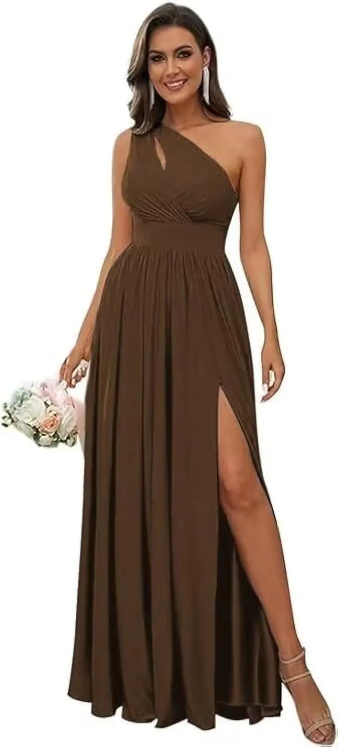 SYYS Stretchy One Shoulder Bridesmaid Dresses for Women 2025 Long Spandex Formal Dresses with Slit SYYS356