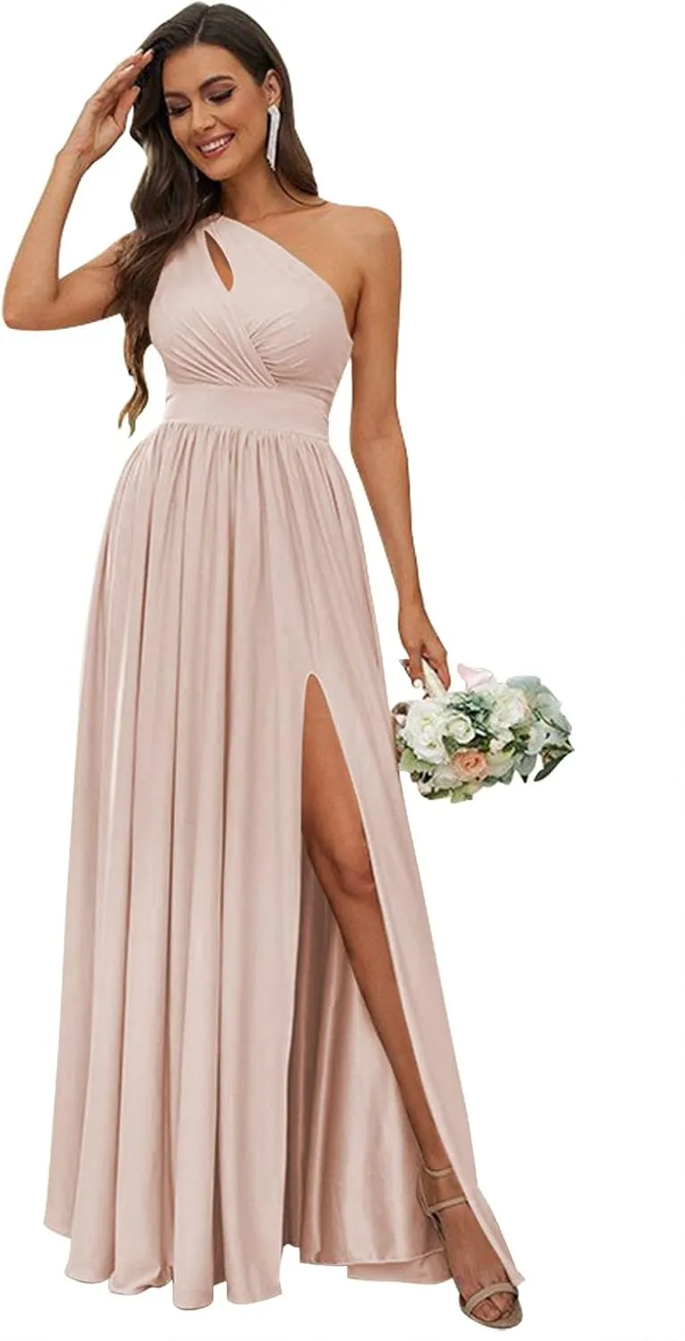SYYS Stretchy One Shoulder Bridesmaid Dresses for Women 2025 Long Spandex Formal Dresses with Slit SYYS356