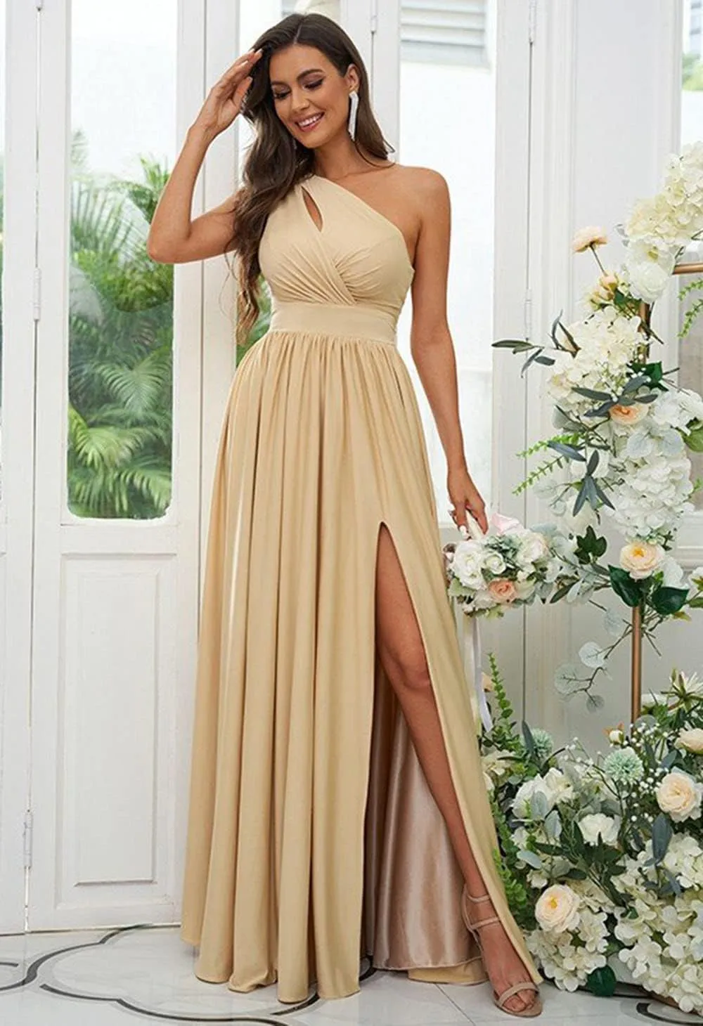 SYYS Stretchy One Shoulder Bridesmaid Dresses for Women 2025 Long Spandex Formal Dresses with Slit SYYS356