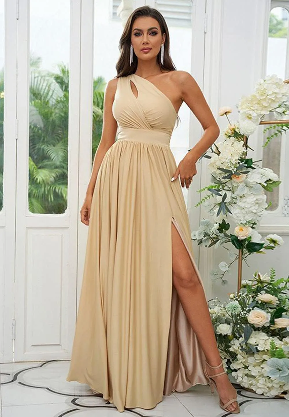 SYYS Stretchy One Shoulder Bridesmaid Dresses for Women 2025 Long Spandex Formal Dresses with Slit SYYS356