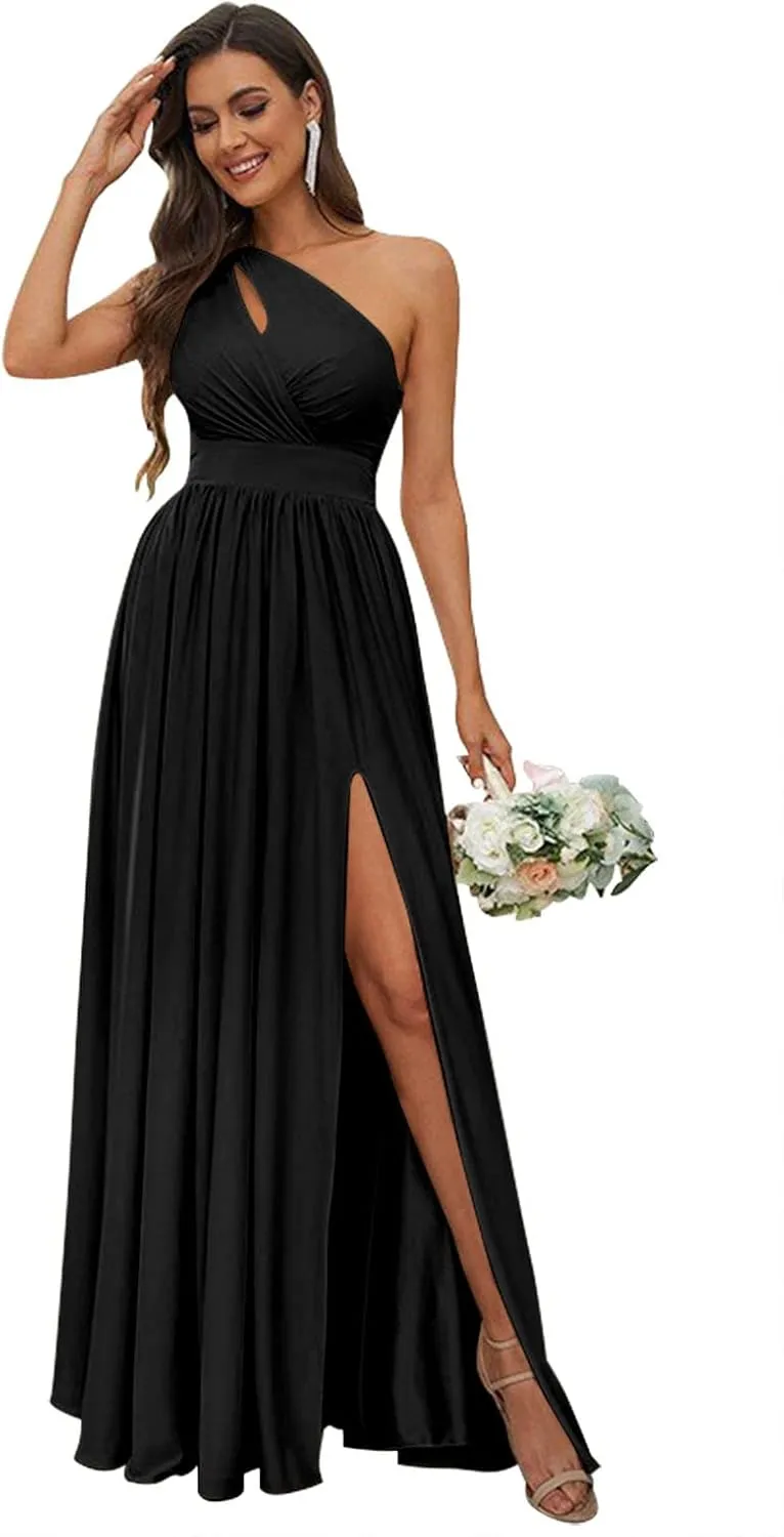 SYYS Stretchy One Shoulder Bridesmaid Dresses for Women 2025 Long Spandex Formal Dresses with Slit SYYS356