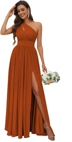 SYYS Stretchy One Shoulder Bridesmaid Dresses for Women 2025 Long Spandex Formal Dresses with Slit SYYS356